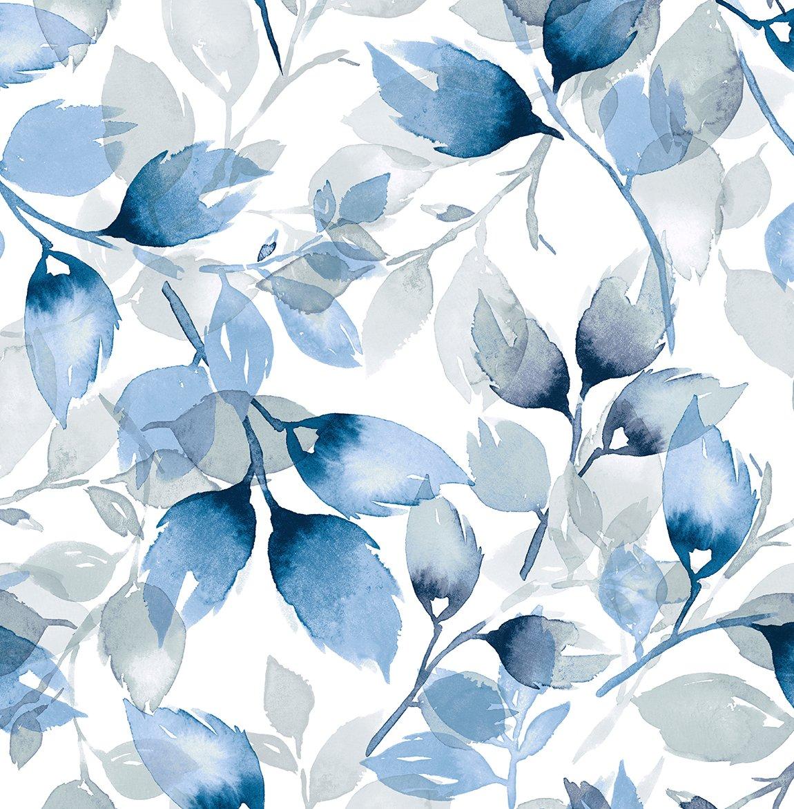 Seabrook Watercolor Tossed Leaves Blue Lagoon Wallpaper