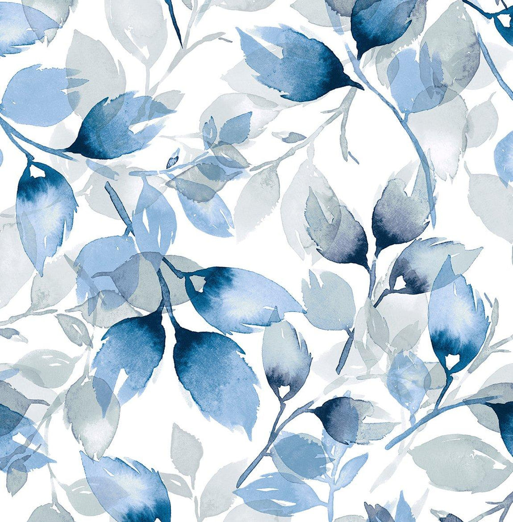 Seabrook Watercolor Tossed Leaves Blue Wallpaper