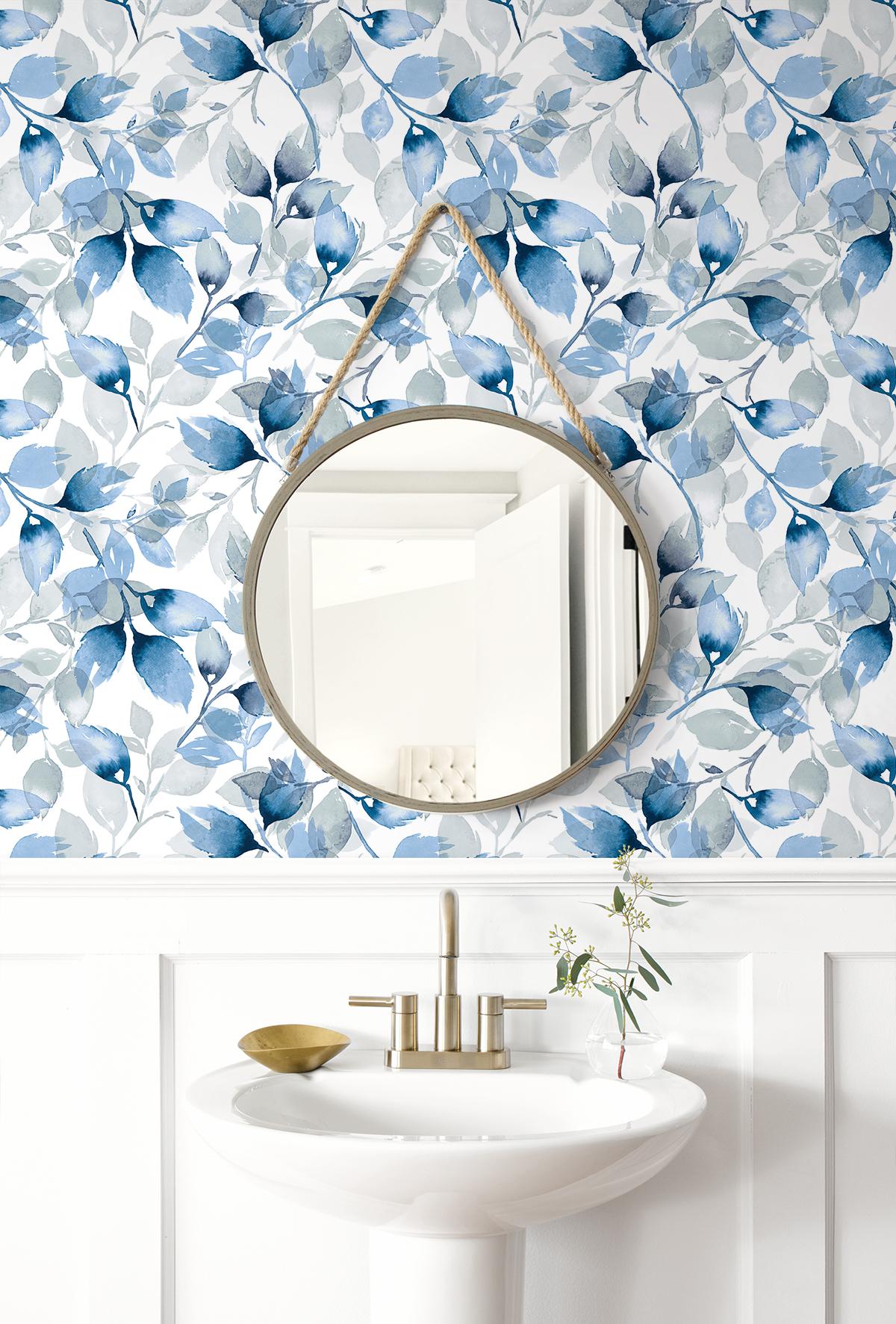Seabrook Watercolor Tossed Leaves Blue Wallpaper