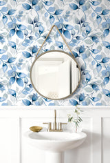 Seabrook Watercolor Tossed Leaves Blue Wallpaper
