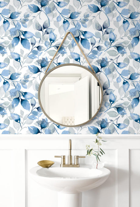 Seabrook Watercolor Tossed Leaves Blue Wallpaper