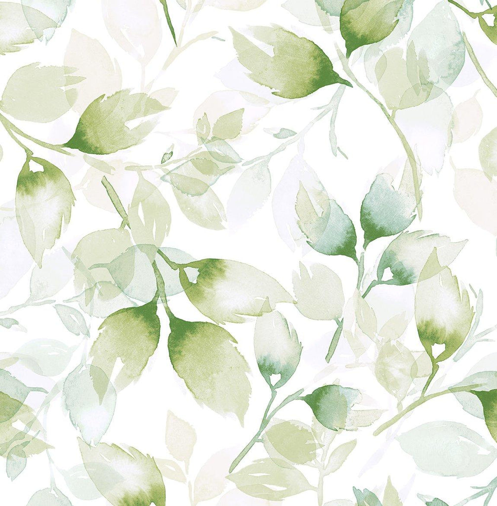 Seabrook Watercolor Tossed Leaves Green Wallpaper