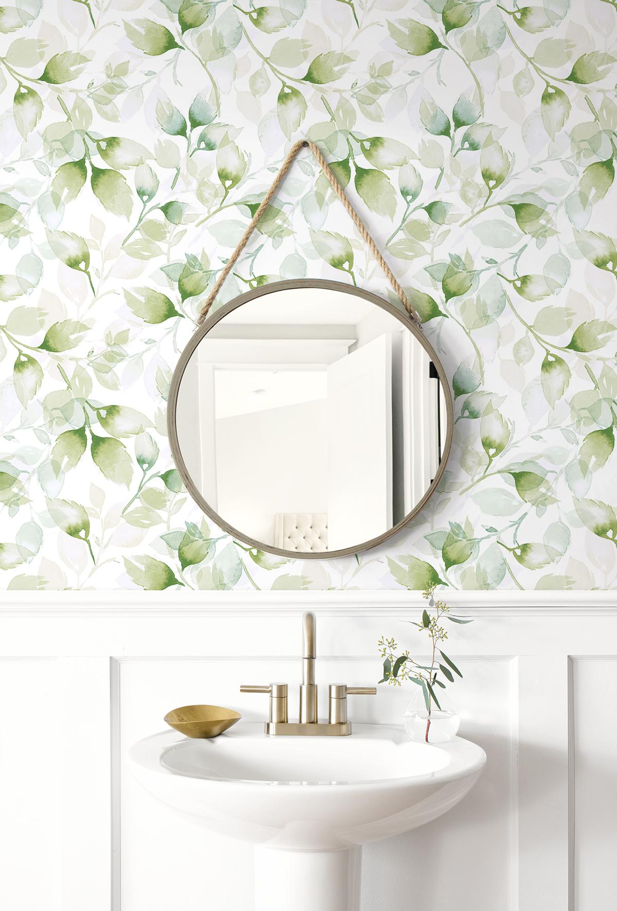 Seabrook Watercolor Tossed Leaves Green Wallpaper