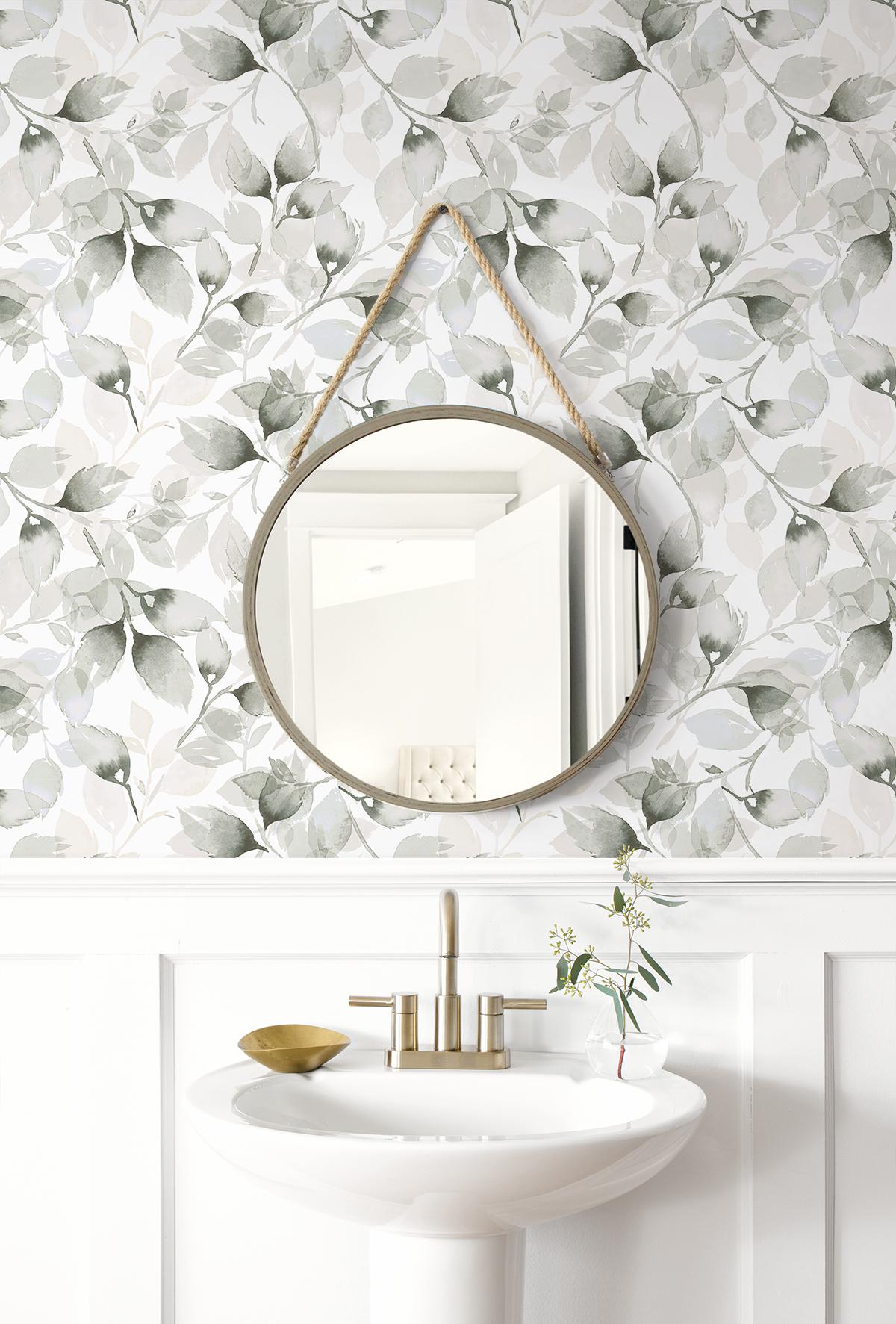 Seabrook Watercolor Tossed Leaves Grey Wallpaper