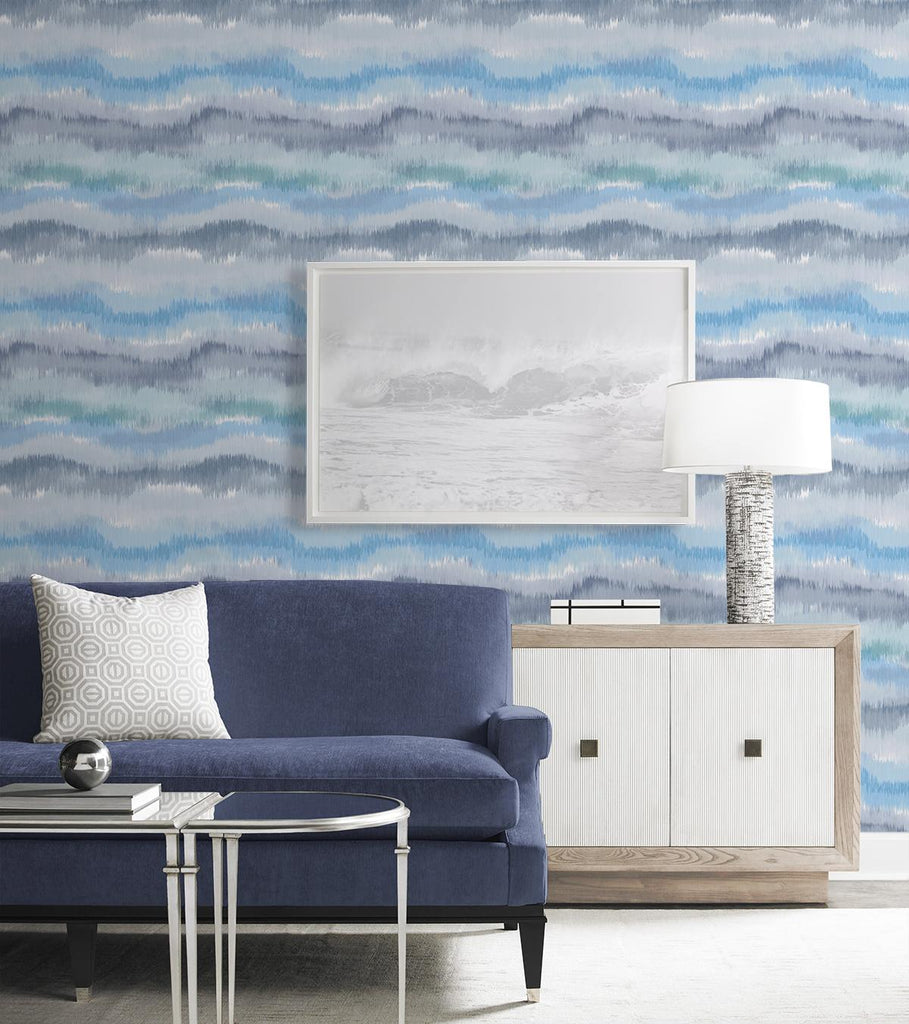 Seabrook Ikat Waves Blue Wallpaper