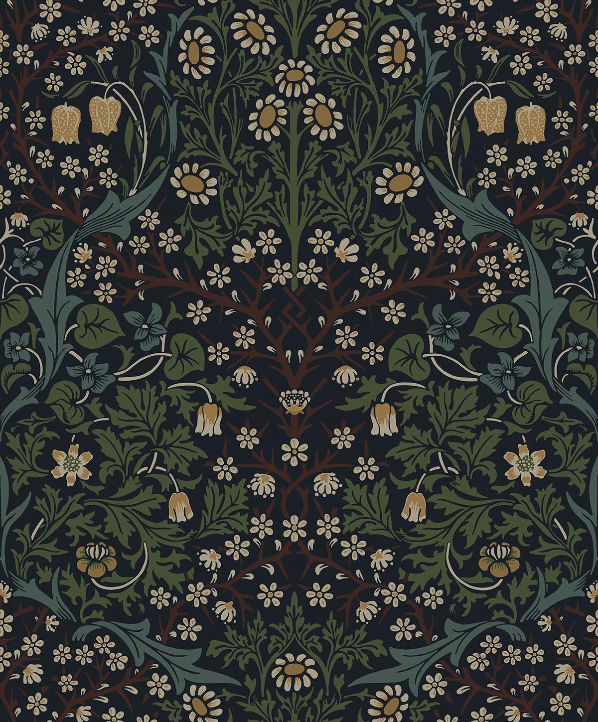 Seabrook Victorian Floral Midnight Blue & Evergreen Wallpaper