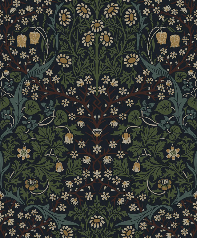 Seabrook Victorian Floral Midnight Blue & Evergreen Wallpaper