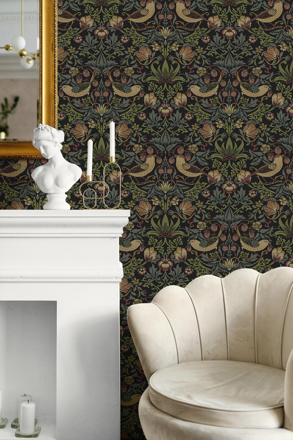 Seabrook Strawberry Meadow Black Wallpaper