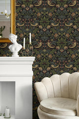 Seabrook Strawberry Meadow Black Wallpaper