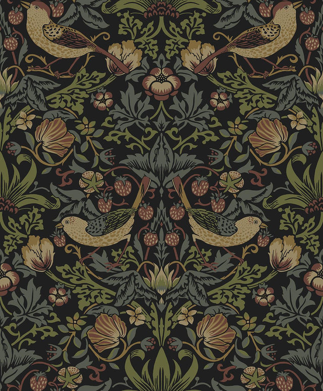 Seabrook Strawberry Meadow Black Wallpaper
