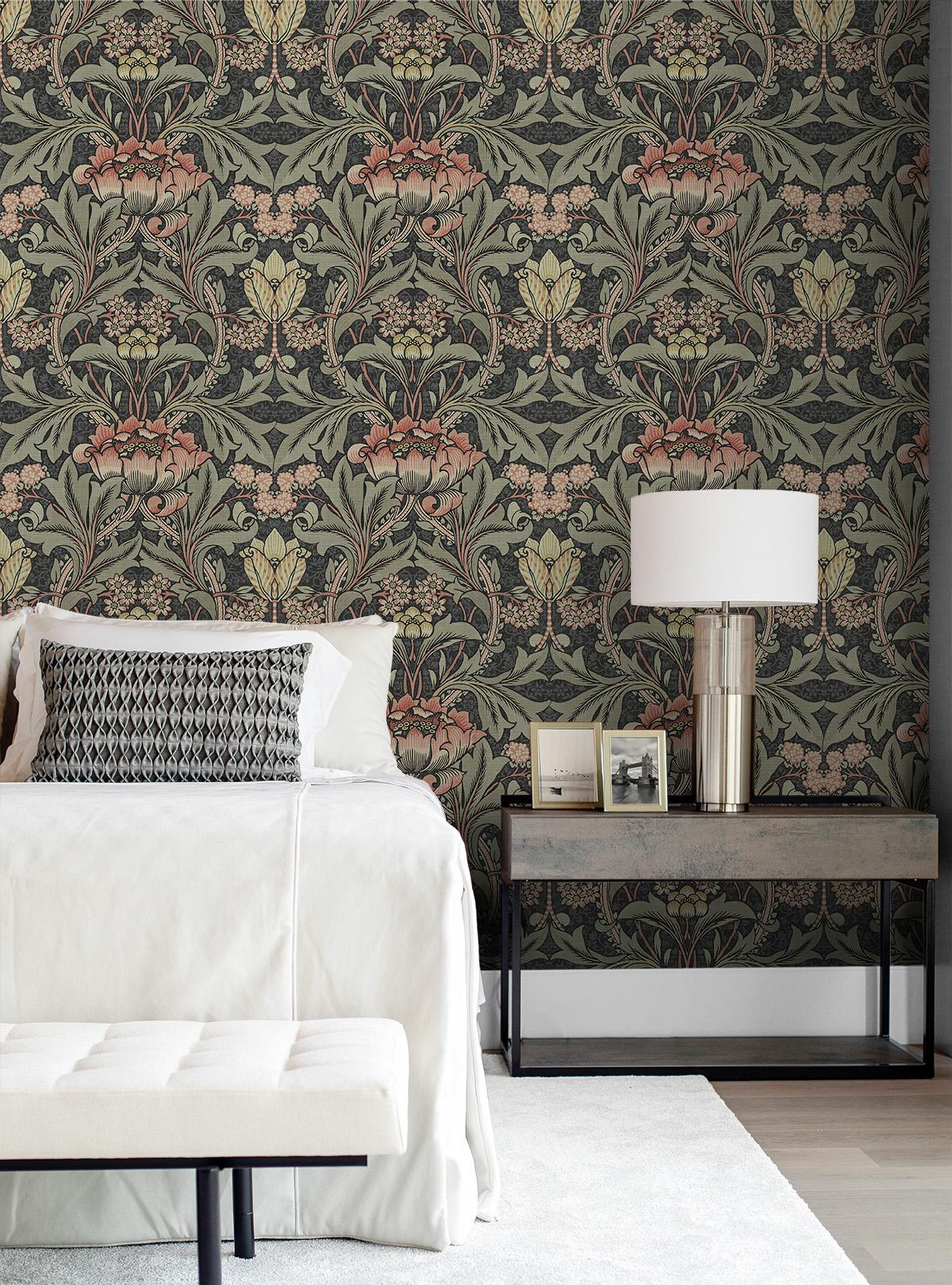 Seabrook Acanthus Floral Prepasted Black Wallpaper