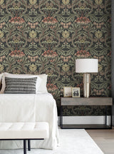 Seabrook Acanthus Floral Prepasted Black Wallpaper