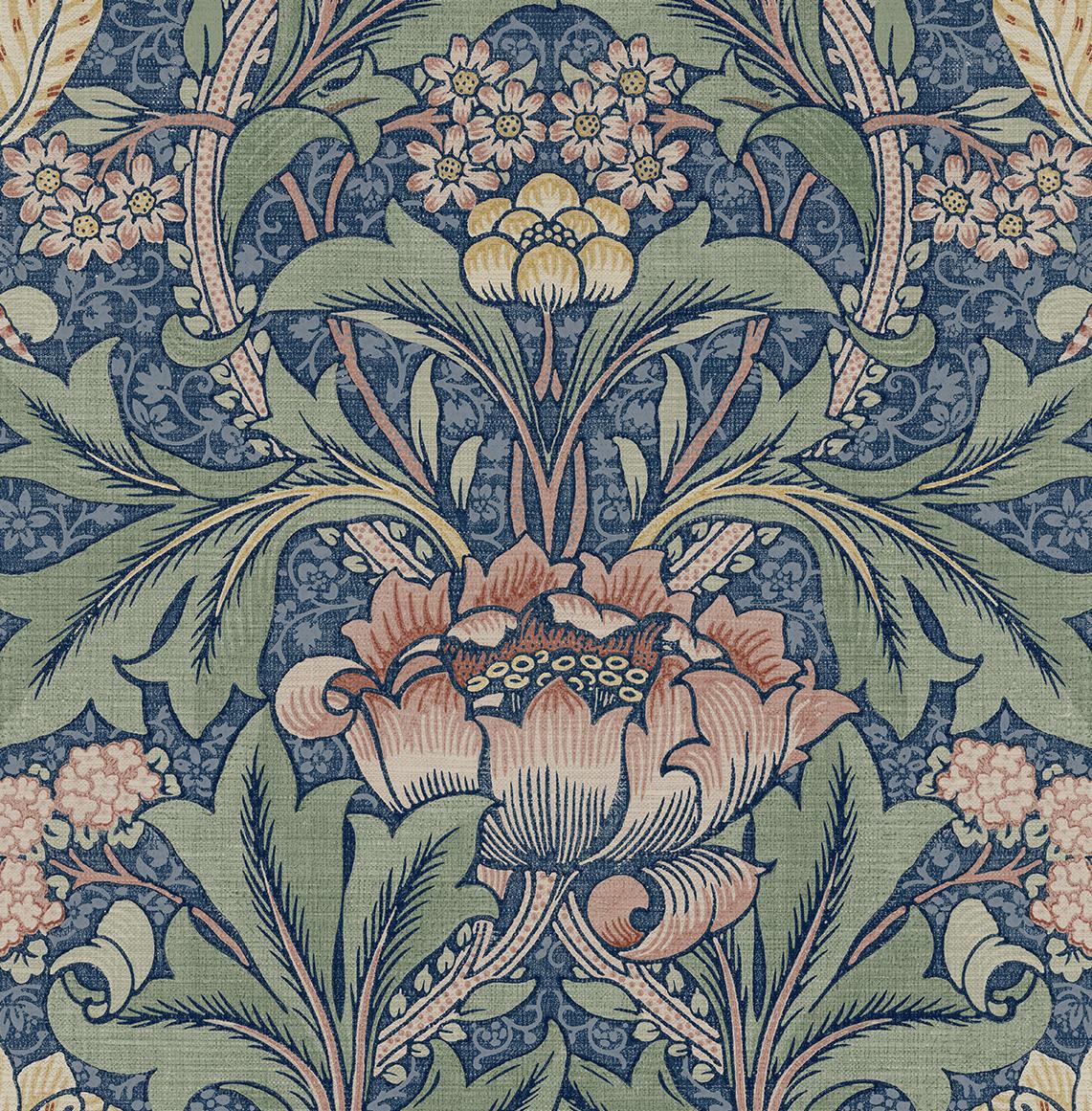 Seabrook Acanthus Floral Prepasted Denim Blue & Salmon Wallpaper