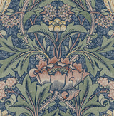 Seabrook Acanthus Floral Prepasted Denim Blue & Salmon Wallpaper
