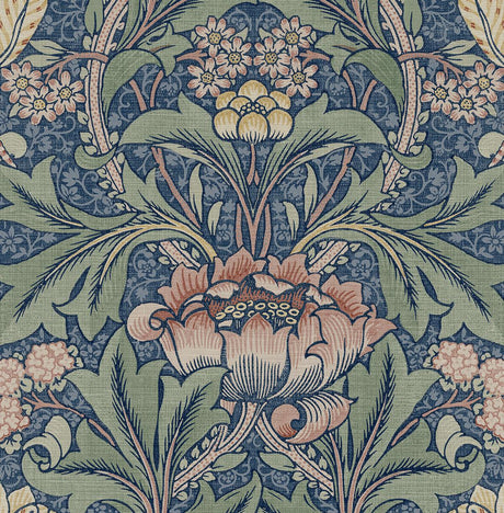 Seabrook Acanthus Floral Prepasted Denim Blue & Salmon Wallpaper