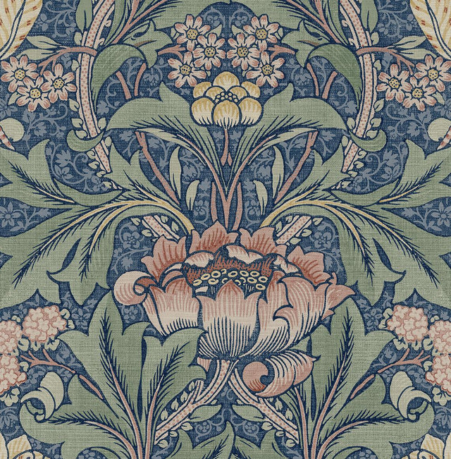 Seabrook Acanthus Floral Prepasted Denim Blue & Salmon Wallpaper