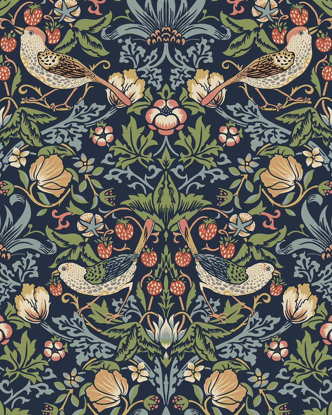 Seabrook Fragaria Garden Prepasted Midnight Blue Wallpaper
