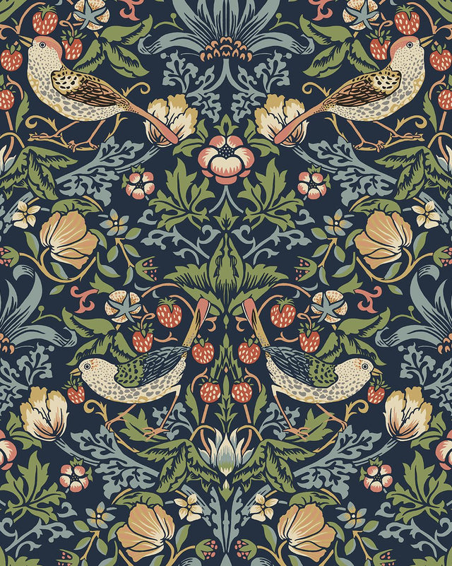 Seabrook Fragaria Garden Prepasted Midnight Blue Wallpaper