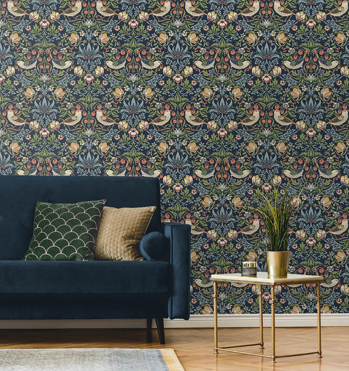 Seabrook Fragaria Garden Prepasted Blue Wallpaper