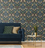Seabrook Fragaria Garden Prepasted Blue Wallpaper