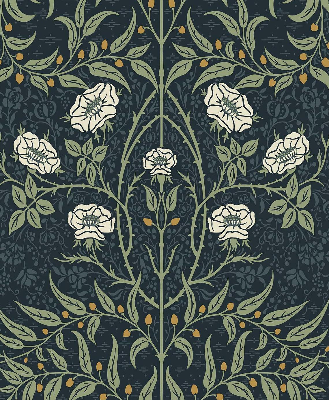 Seabrook Stenciled Floral Prepasted Navy & Sage Wallpaper