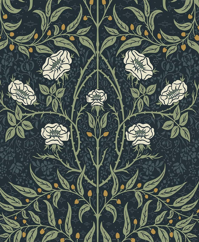 Seabrook Stenciled Floral Prepasted Navy & Sage Wallpaper