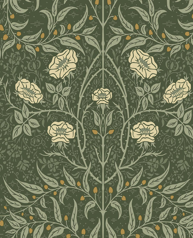 Seabrook Stenciled Floral Prepasted Evergreen Wallpaper