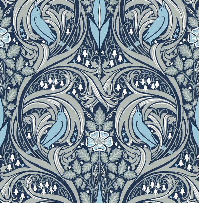 Seabrook Bird Ogee Prepasted Navy & Sky Blue Wallpaper