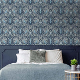 Seabrook Bird Ogee Prepasted Blue Wallpaper