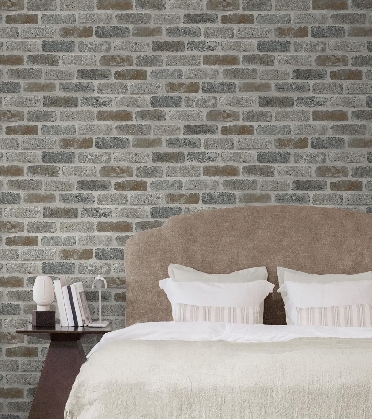 Seabrook Washed Faux Brick Prepasted Grey Wallpaper