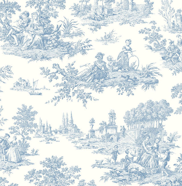 Seabrook Chateau Toile Prepasted Blue Bell Wallpaper