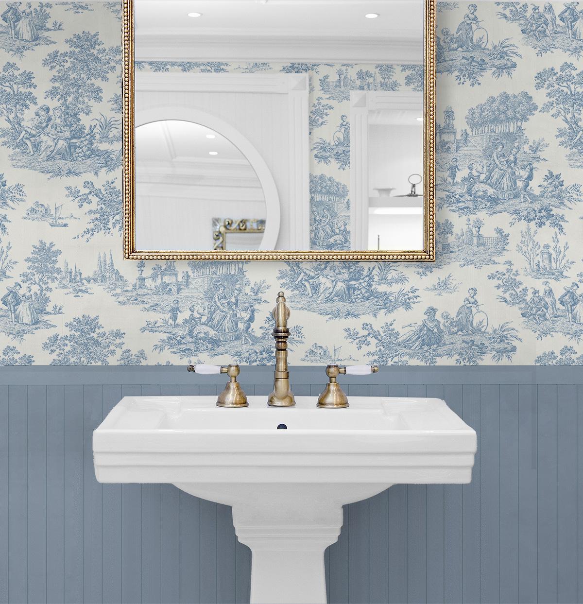 Seabrook Chateau Toile Prepasted Blue Wallpaper