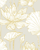 Seabrook Lotus Floral Prepasted Grey & Gold Wallpaper