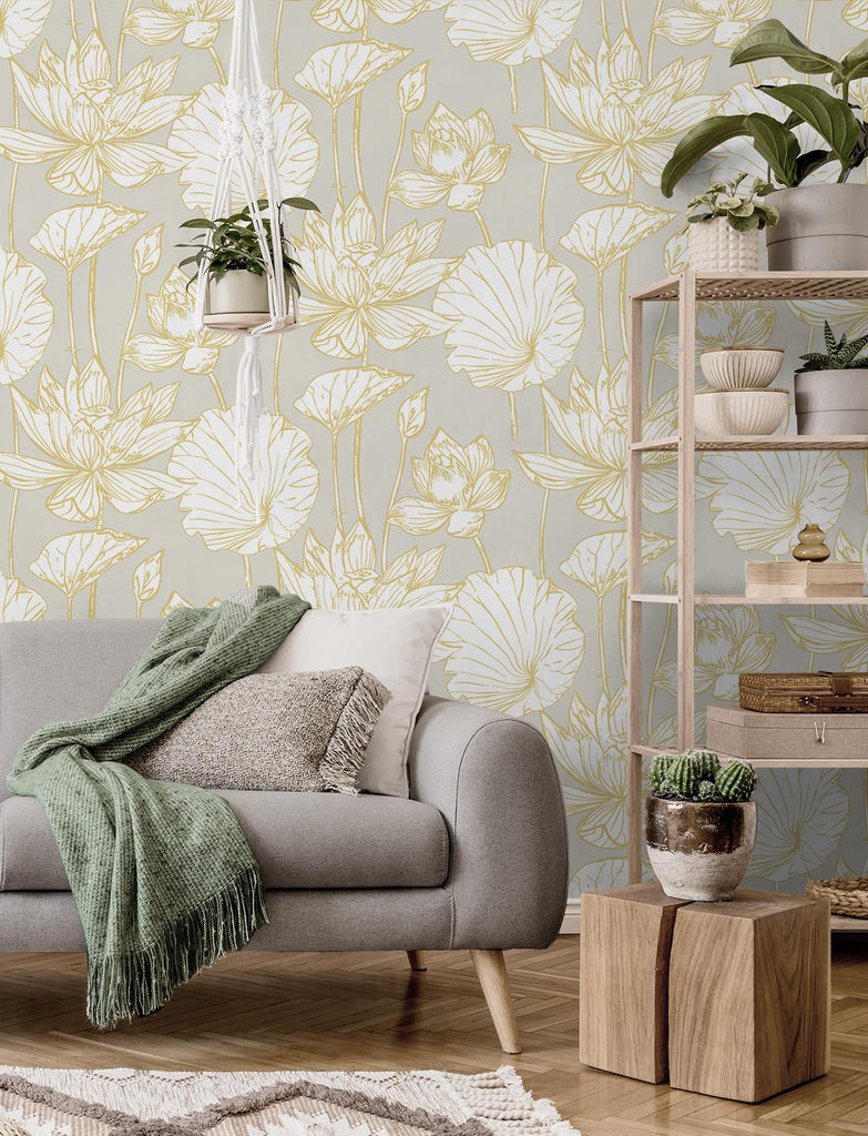 Seabrook Lotus Floral Prepasted Grey Wallpaper