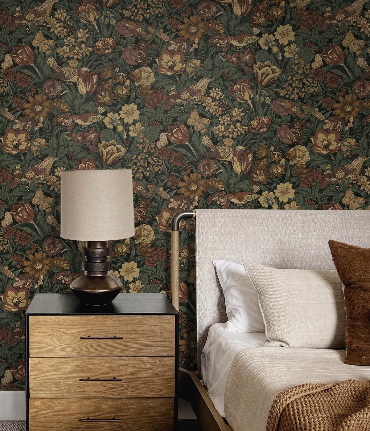 Seabrook Bird Floral Prepasted Brown Wallpaper