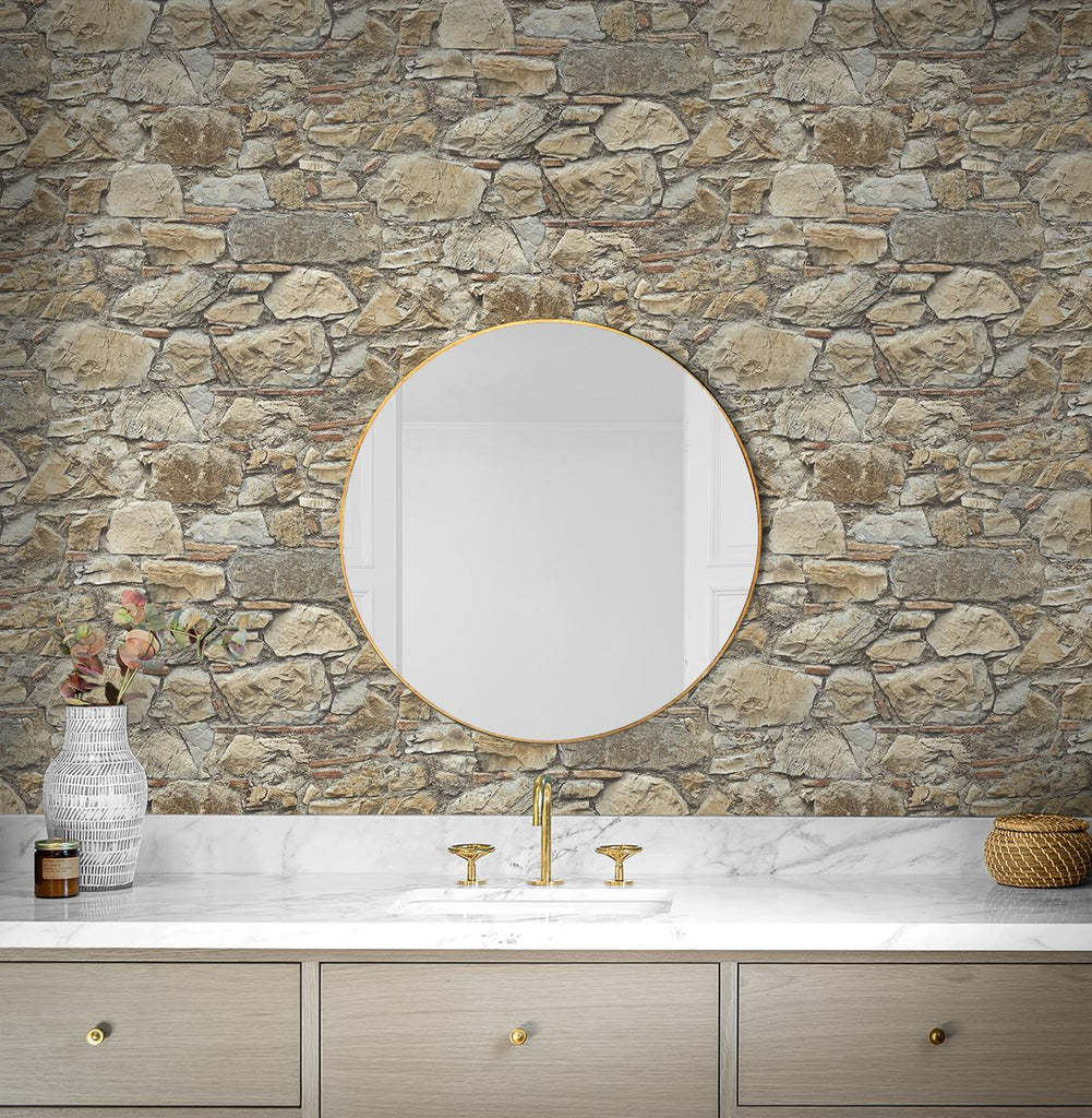 Seabrook Faux Stone Wall Prepasted Brown Wallpaper