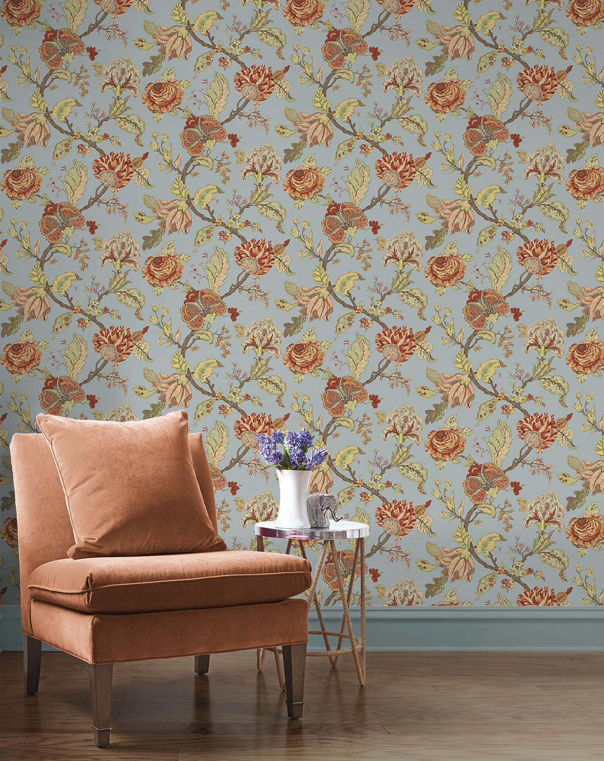Seabrook Lana Jacobean Blue Wallpaper