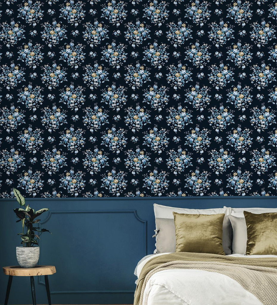 Seabrook Floral Bouquet Prepasted Blue Wallpaper