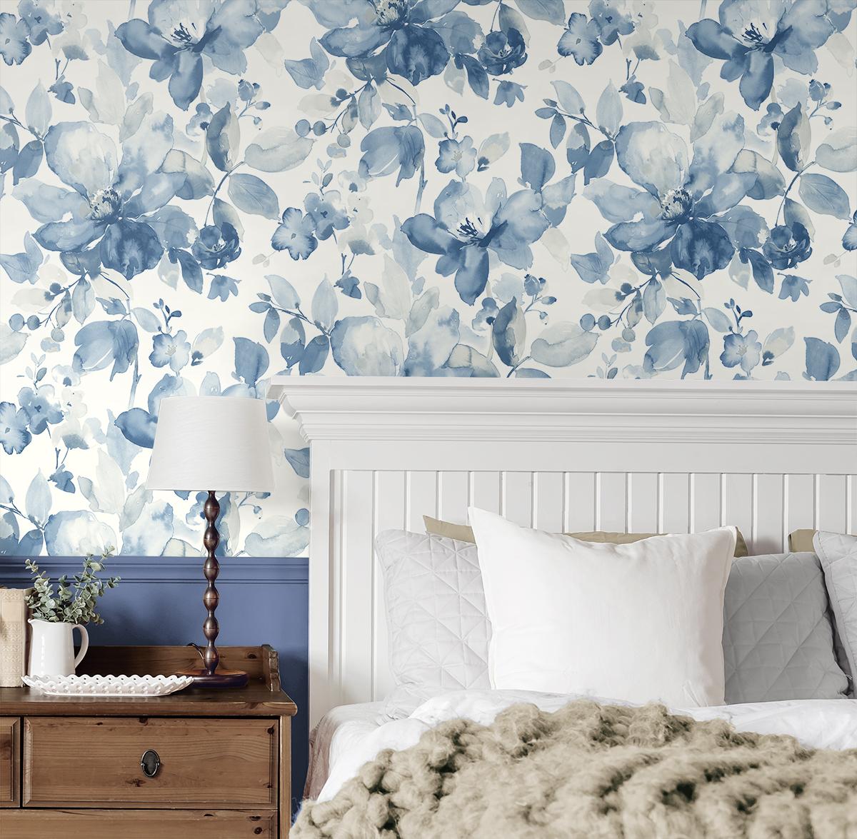 Seabrook Watercolor Garden Blue Wallpaper