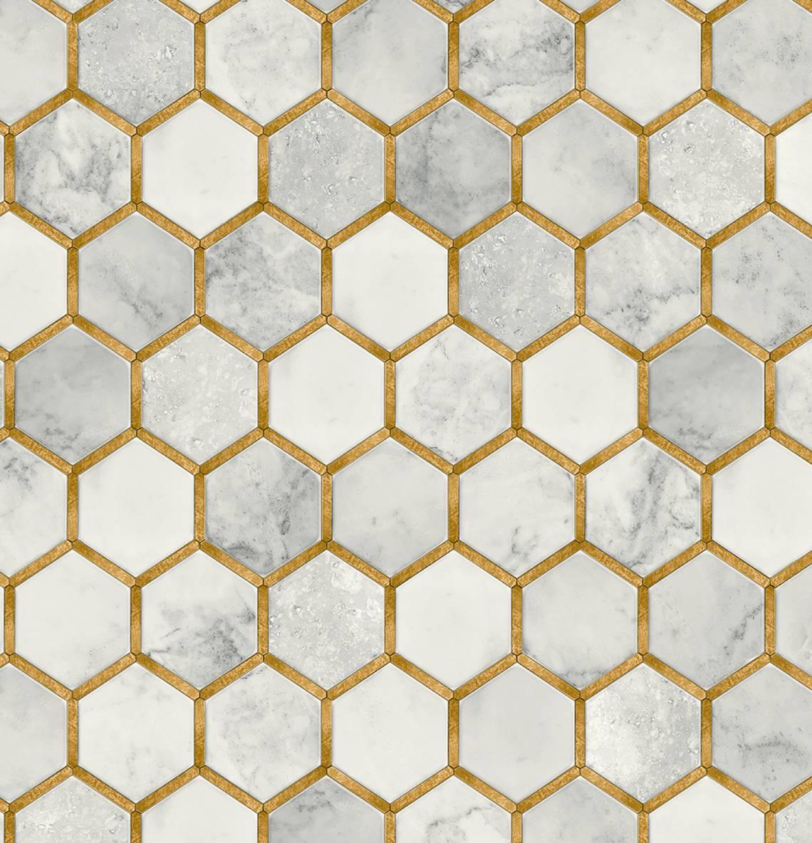 Seabrook Faux Hex Tile Alaska Grey & Metallic Gold Wallpaper