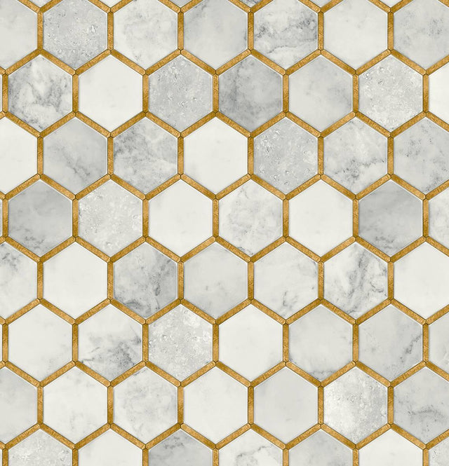 Seabrook Faux Hex Tile Alaska Grey & Metallic Gold Wallpaper