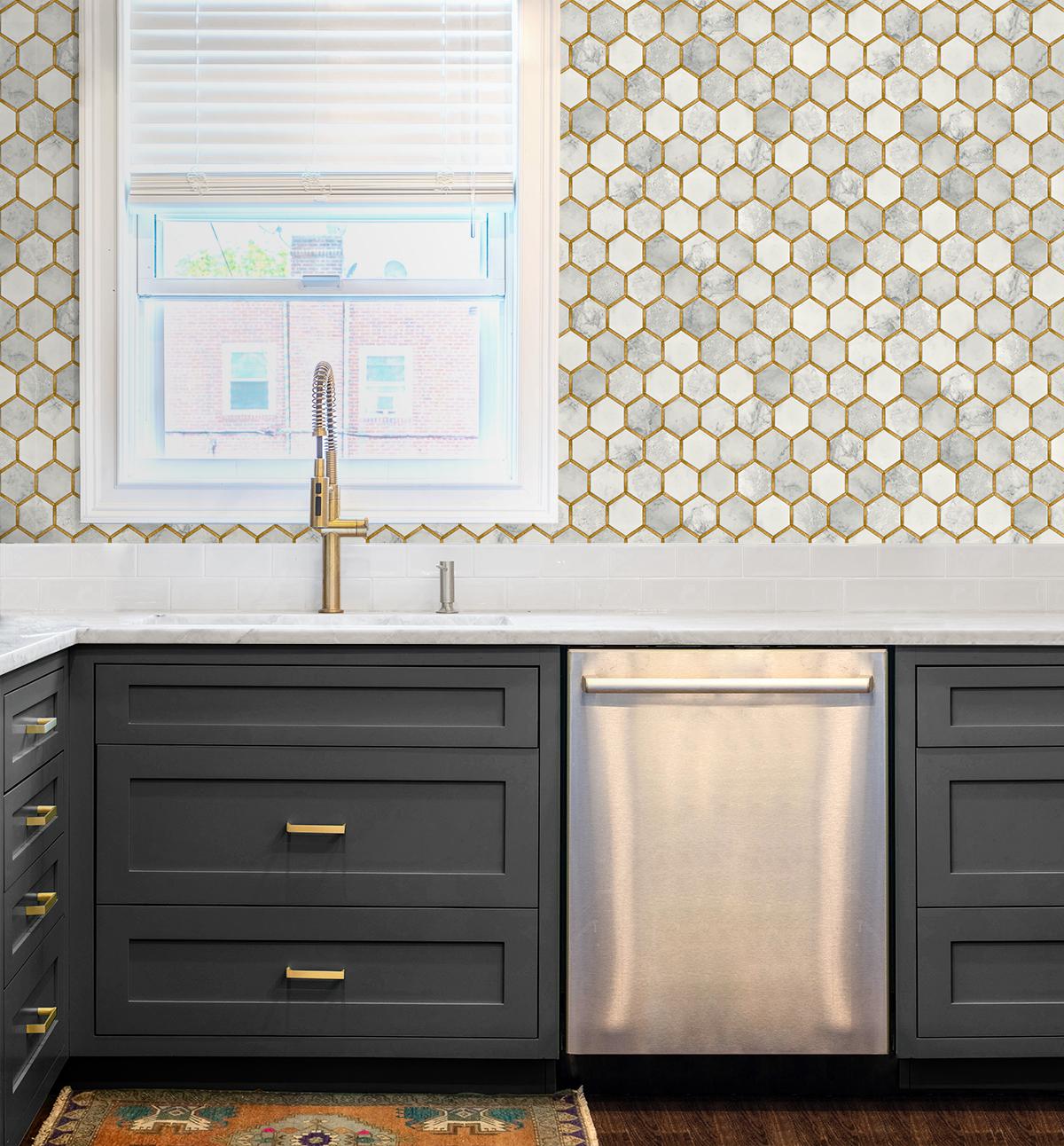 Seabrook Faux Hex Tile Gold Wallpaper