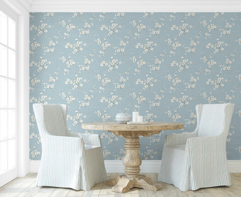 Seabrook Blossoming Branches Blue Wallpaper