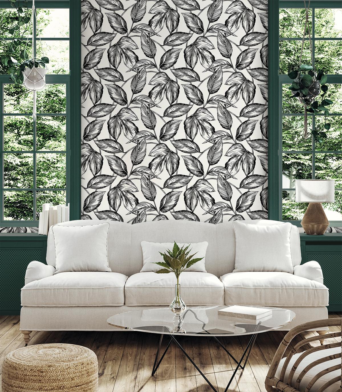 Seabrook Beckett Sketched Leaves Black Wallpaper