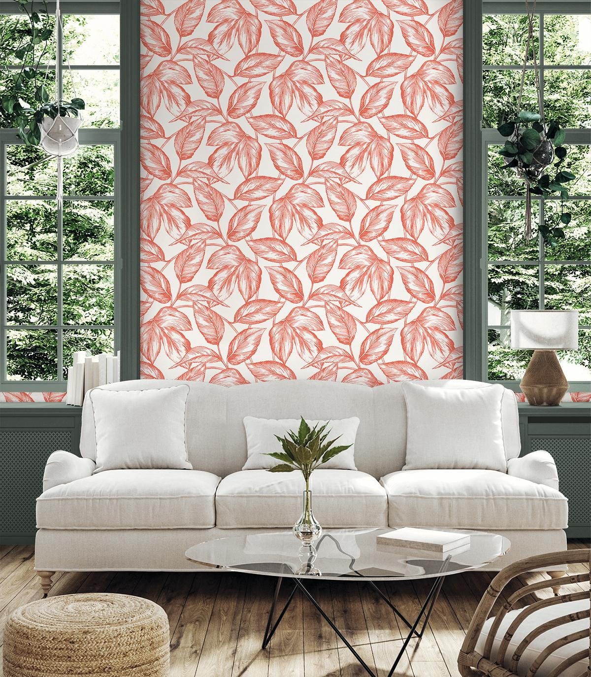 Seabrook Beckett Sketched Leaves Orange Wallpaper