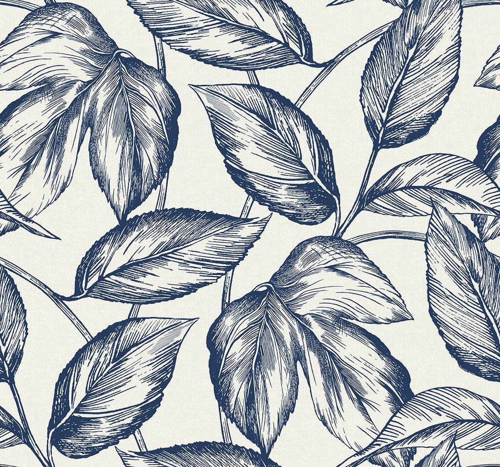 Seabrook Beckett Sketched Leaves Blue Wallpaper