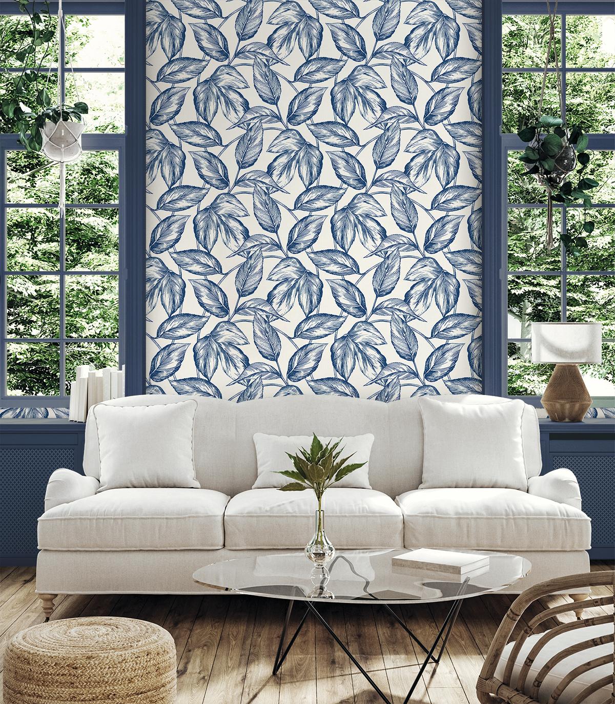 Seabrook Beckett Sketched Leaves Blue Wallpaper