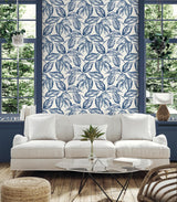 Seabrook Beckett Sketched Leaves Blue Wallpaper