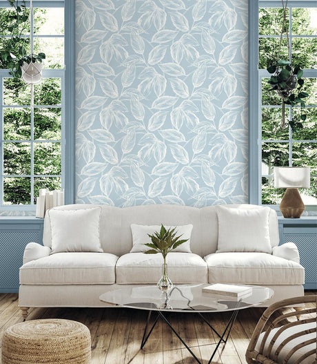 Seabrook Beckett Sketched Leaves Blue Wallpaper