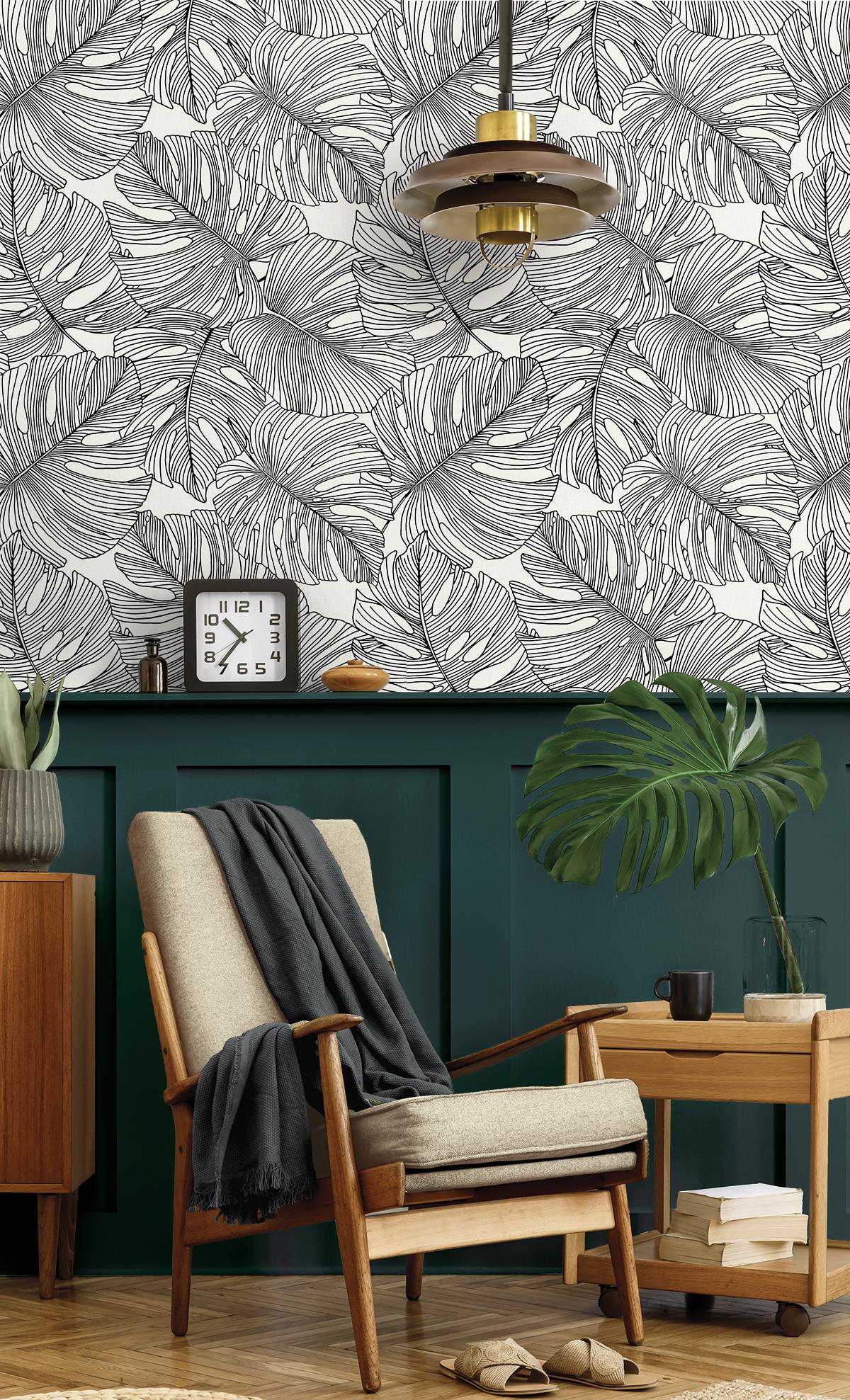 Seabrook Tarra Monstera Leaf Black Wallpaper